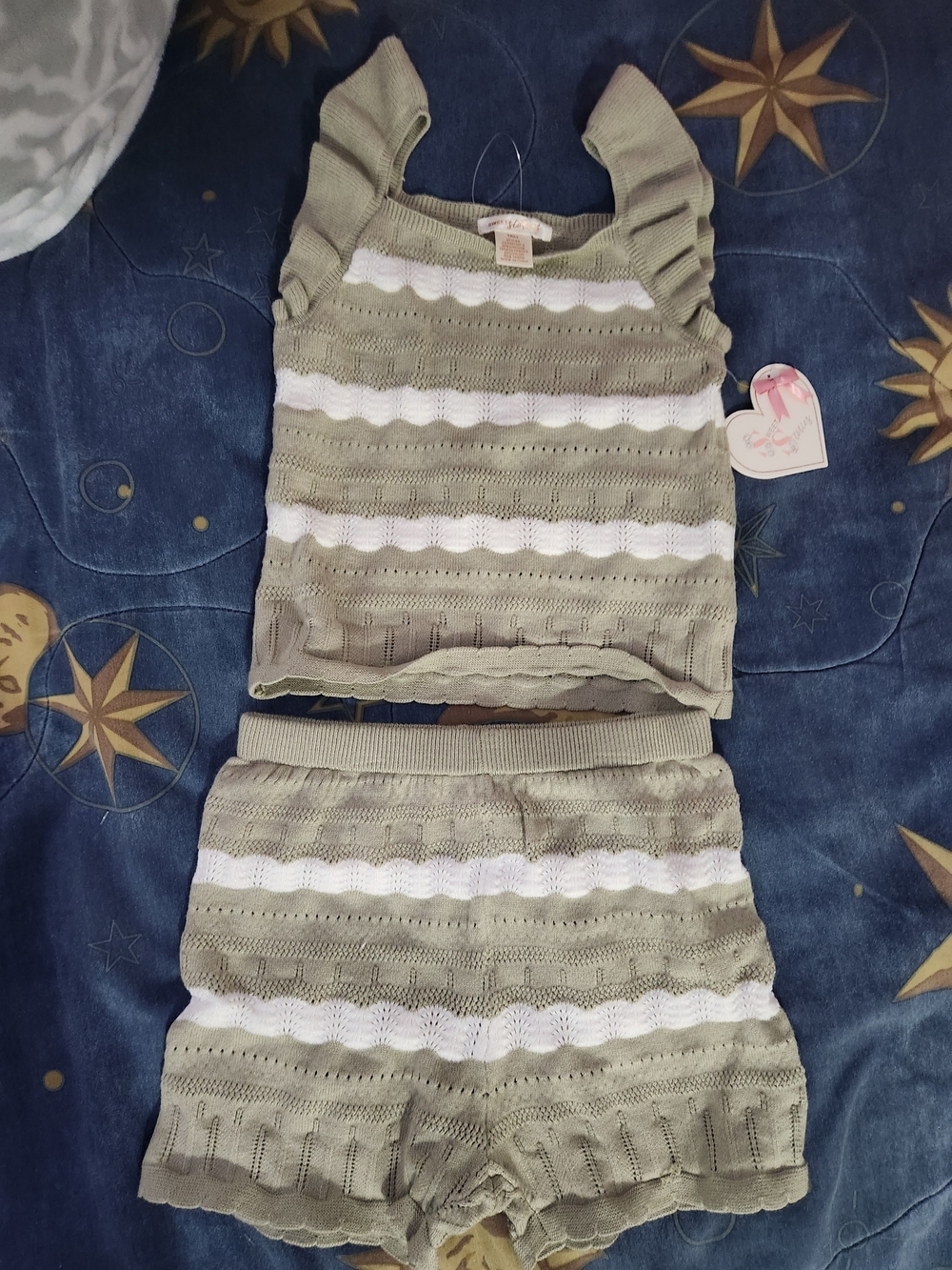Girls Knit Stripe Tank & Short Pajama Set in Sage Green and White